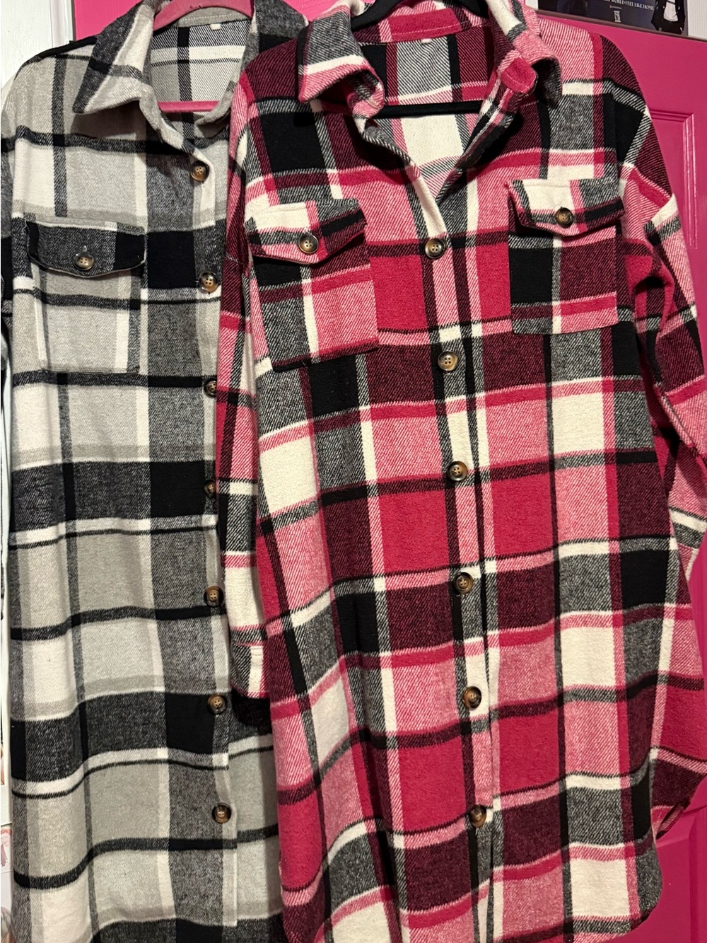 2 Plaid Button-Up Lightweight Long Jacket - Gray/Black & Pink/Black, Size S